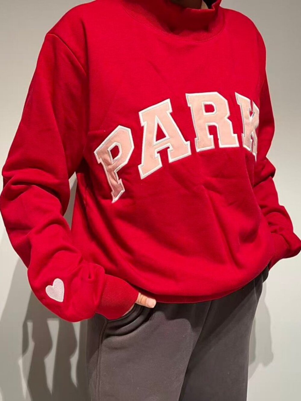 PARKE Mock Neck Sweatshirt Red Varsity Letter Heart Cuff S/M